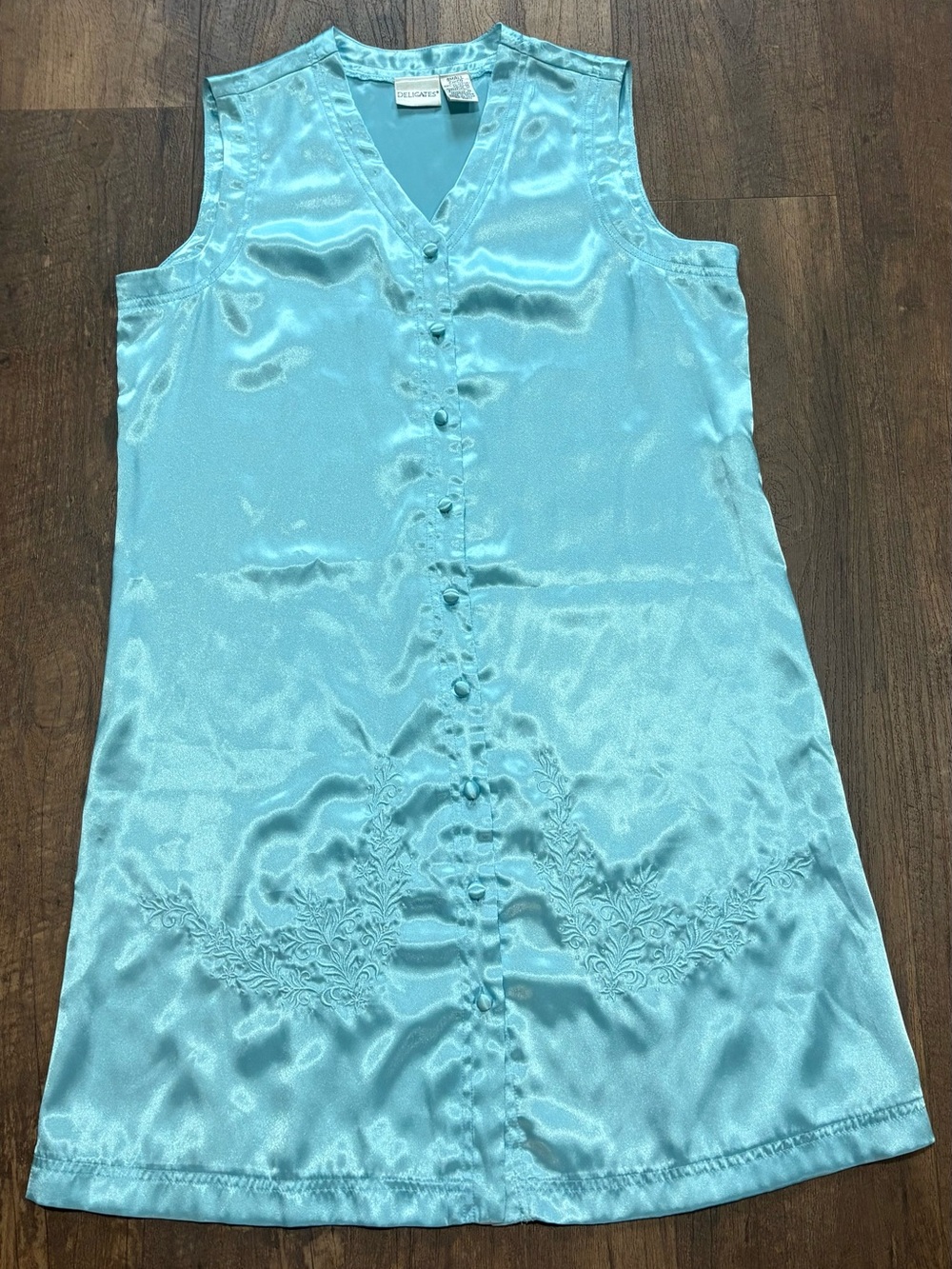 Vintage delicates Light Aqua Satin Button-Front Sleeveless Chemise